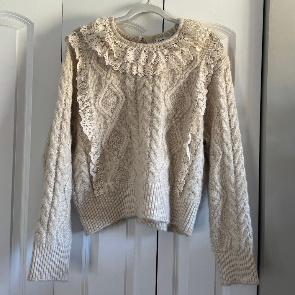 Zara NWT Ruffled Lace & Pearl Sweater